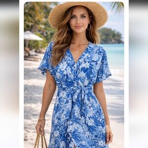 America & Beyond Blue Tropical Wrap Maxi Dress XL NWT Vacation Resort